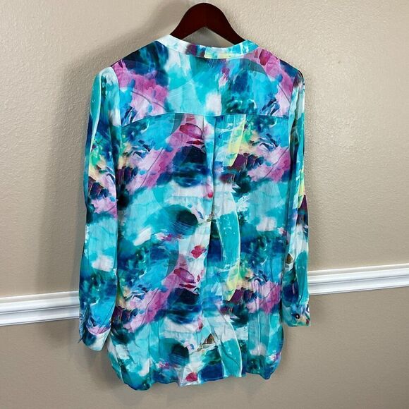Soft Surroundings Women Top Sz L Blouse Button Up Watercolor Modern Blue Pink R3 - Picture 5 of 12